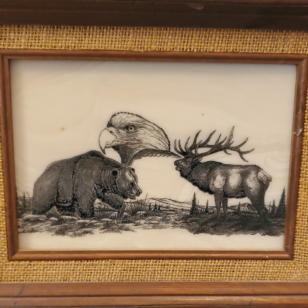 Vintage Wood-Framed Wildlife Picture - Bear, Elk & Eagle in Black and White - Picture 2 of 7